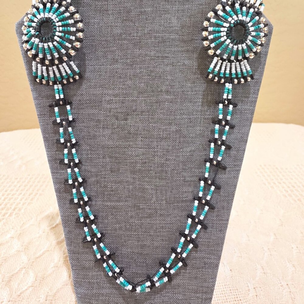Vintage Squash Blossom Turquoise White Black Handmade Beaded Safety Pin Necklace - Picture 6 of 14